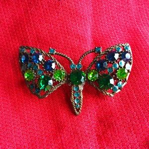 Vintage Dragonfly Rhinestone Brooch with Oceanic rich colored crystals